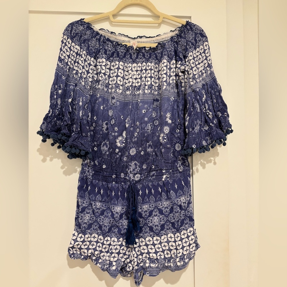 RAGA Navy and White Smocked Off-Shoulder Top